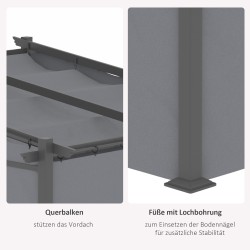 Pergola ulkokäyttöön, teräs/alumiinirunko, säädettävä kattokangas, 2,97 x 2,95 x 2,3 m, tummanharmaa