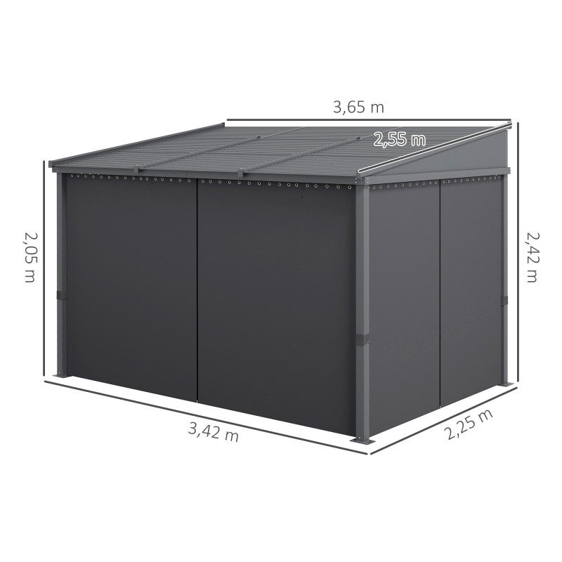 Terassikatos pergola liukuva katto ja verhot alumiinirunko 365 x 255 x 205 cm tummanharmaa