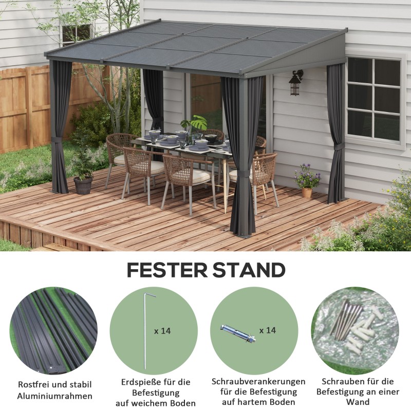 Terassikatos pergola liukuva katto ja verhot alumiinirunko 365 x 255 x 205 cm tummanharmaa