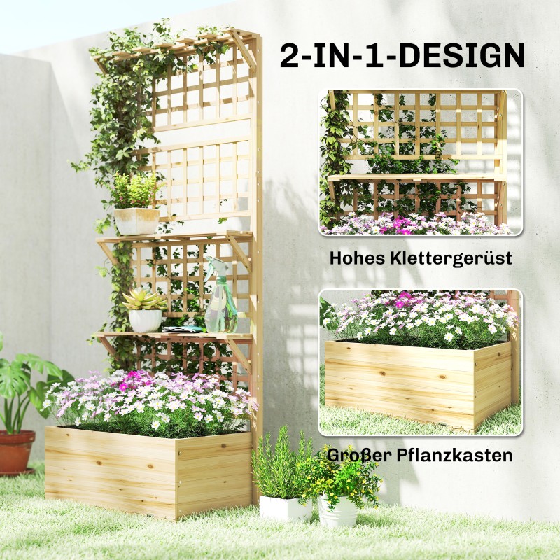 Puutarhan korkea viljelylaatikko köynnöstuella ja hyllyillä, kuusta, luonnonpuu 76 x 43,5 x 177 cm