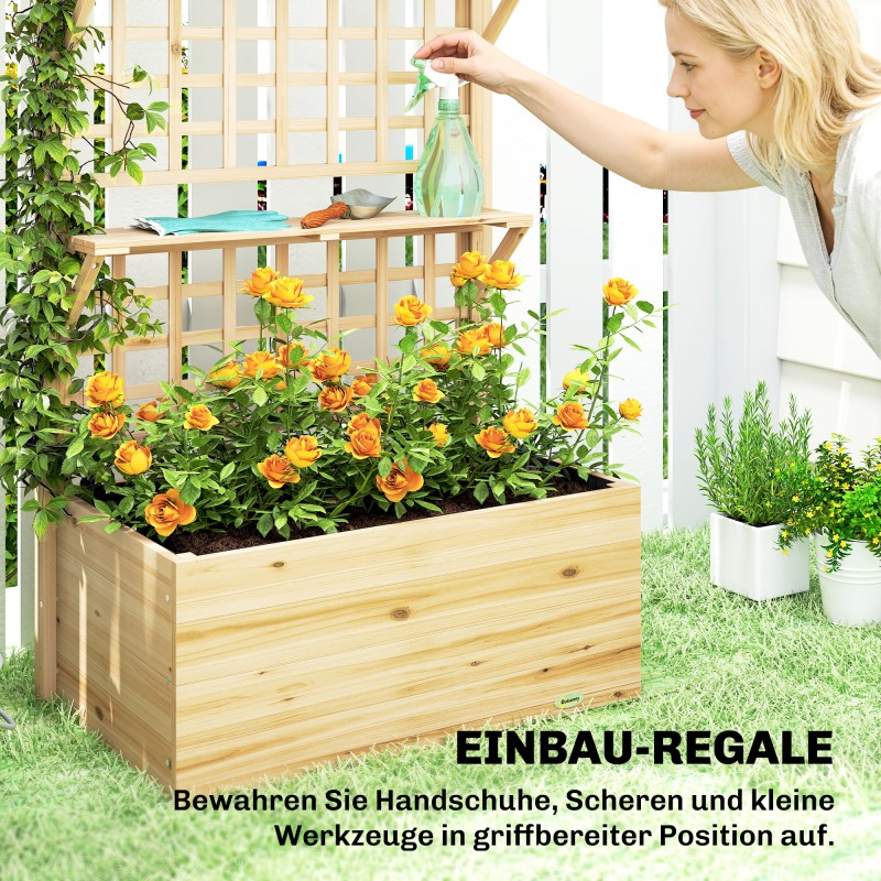 Puutarhan korkea viljelylaatikko köynnöstuella ja hyllyillä, kuusta, luonnonpuu 76 x 43,5 x 177 cm