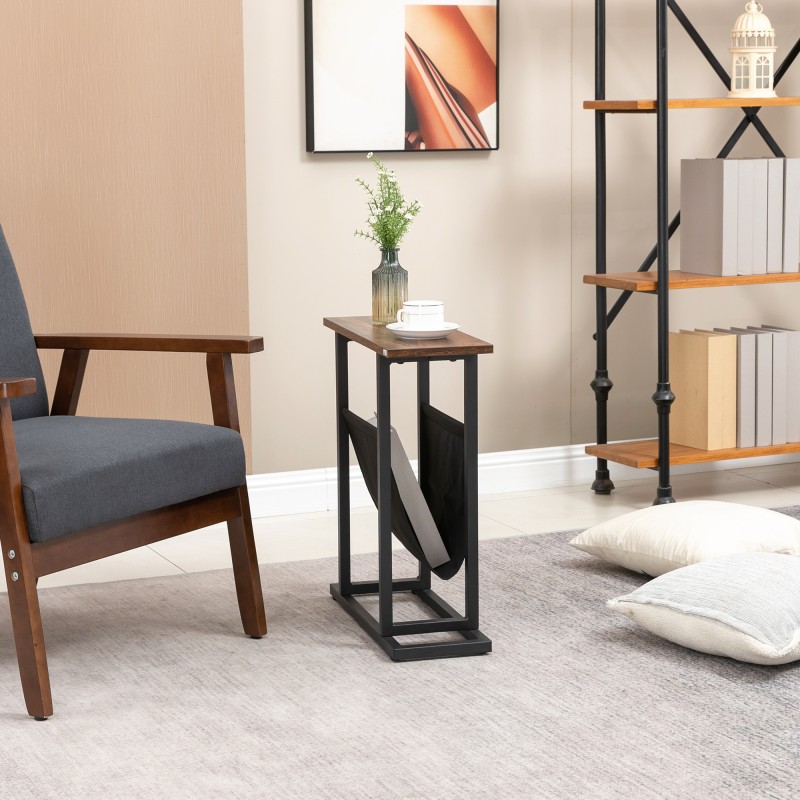 Sivupöytä / yöpöytä teräsrungolla ja kangastaskulla 49 x 19 x 55 cm tummanruskea/musta