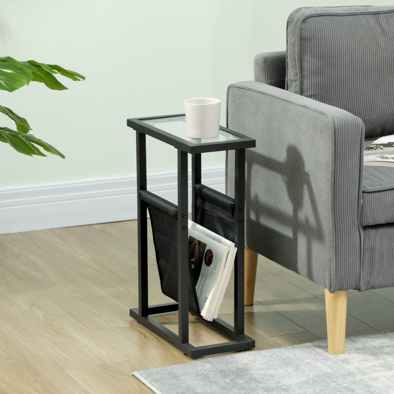 Kapea metallinen sivupöytä lasitasolla ja kangastaskulla, 40 x 18 x 55,5 cm, musta