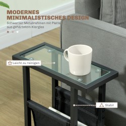 Kapea metallinen sivupöytä lasitasolla ja kangastaskulla, 40 x 18 x 55,5 cm, musta