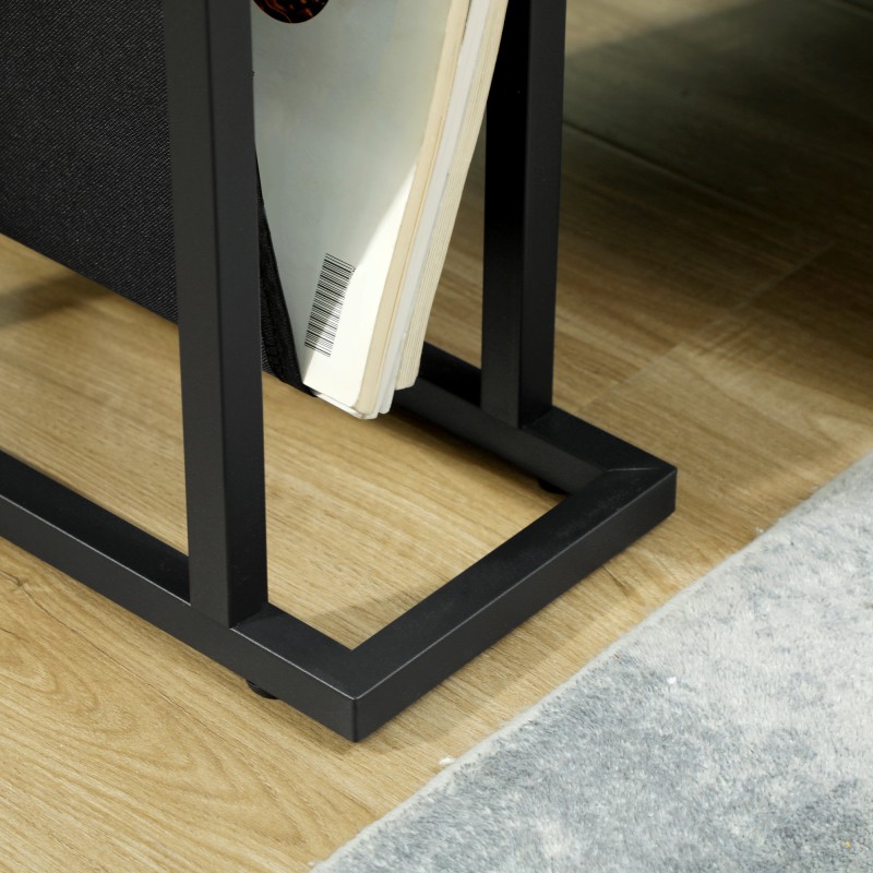 Kapea metallinen sivupöytä lasitasolla ja kangastaskulla, 40 x 18 x 55,5 cm, musta