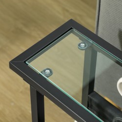 Kapea metallinen sivupöytä lasitasolla ja kangastaskulla, 40 x 18 x 55,5 cm, musta