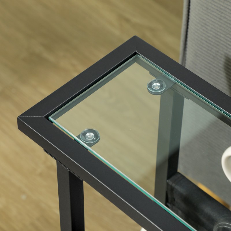 Kapea metallinen sivupöytä lasitasolla ja kangastaskulla, 40 x 18 x 55,5 cm, musta