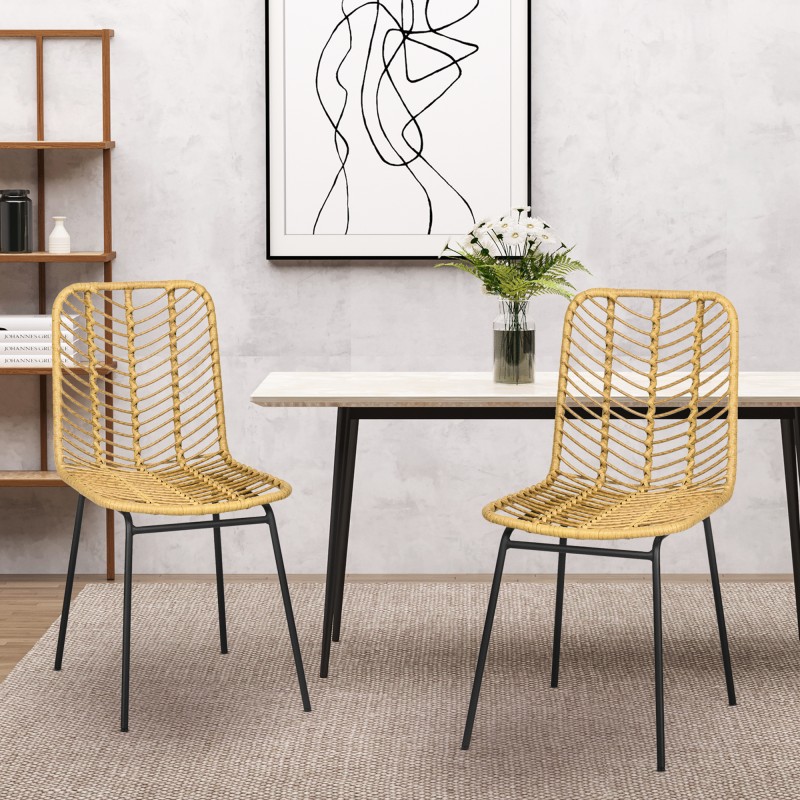 Ruokapöydän tuolit boho-tyyli 2 kpl, PE-rottinki ja teräs, 44 x 58 x 85 cm, naturi+keltainen