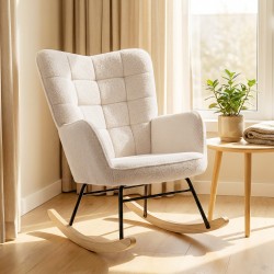 Keinutuoli / lepotuoli olohuoneeseen, massiivipuu runko, berberifleece-verhoilu, 98 x 71 x 101 cm, beige