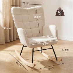 Keinutuoli / lepotuoli olohuoneeseen, massiivipuu runko, berberifleece-verhoilu, 98 x 71 x 101 cm, beige