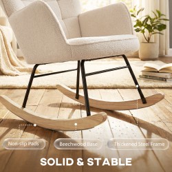 Keinutuoli / lepotuoli olohuoneeseen, massiivipuu runko, berberifleece-verhoilu, 98 x 71 x 101 cm, beige