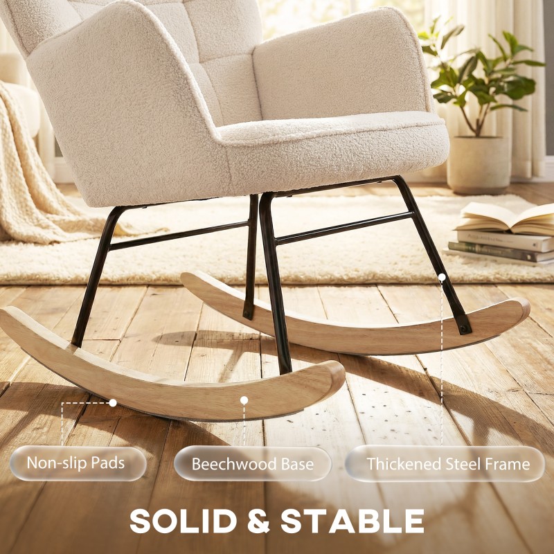 Keinutuoli / lepotuoli olohuoneeseen, massiivipuu runko, berberifleece-verhoilu, 98 x 71 x 101 cm, beige