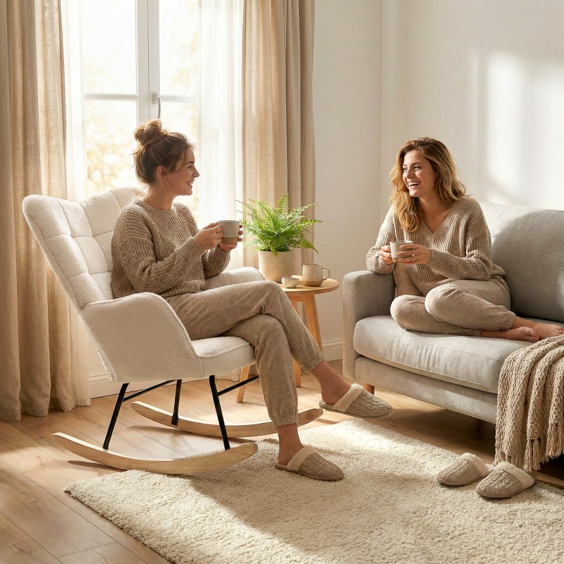 Keinutuoli / lepotuoli olohuoneeseen, massiivipuu runko, berberifleece-verhoilu, 98 x 71 x 101 cm, beige