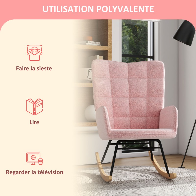 Keinutuoli olohuoneeseen, berber-fleece, pyökki ja teräs, 98 x 71 x 101 cm, vaaleanpunainen