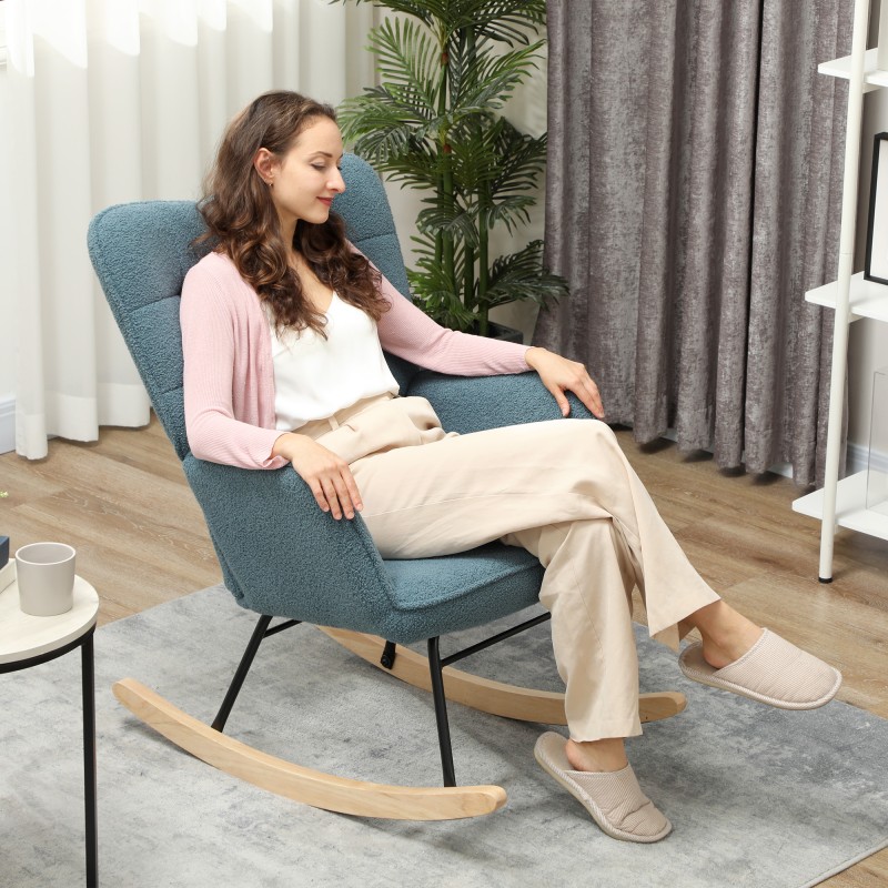 Keinutuoli berberifleece-verhoilu, teräsrunko ja pyökkijalakset, kantavuus 120 kg, vaaleansininen