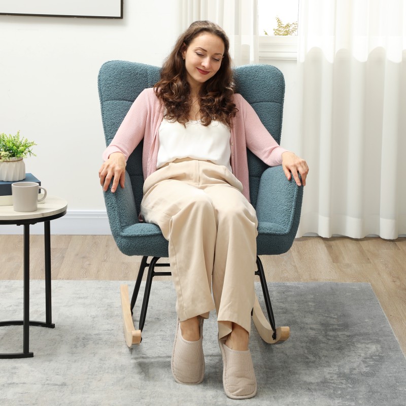 Keinutuoli berberifleece-verhoilu, teräsrunko ja pyökkijalakset, kantavuus 120 kg, vaaleansininen