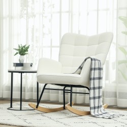 Keinutuoli käsinojilla ja puujalaksilla, ergonominen fleeceverhoiltu nojatuoli, valkoinen