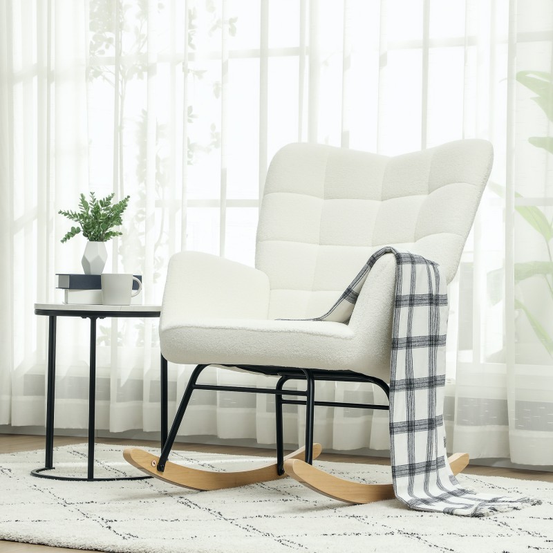 Keinutuoli käsinojilla ja puujalaksilla, ergonominen fleeceverhoiltu nojatuoli, valkoinen