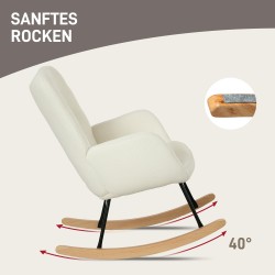 Keinutuoli käsinojilla ja puujalaksilla, ergonominen fleeceverhoiltu nojatuoli, valkoinen