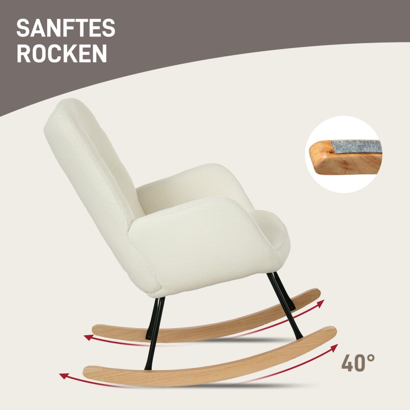 Keinutuoli käsinojilla ja puujalaksilla, ergonominen fleeceverhoiltu nojatuoli, valkoinen