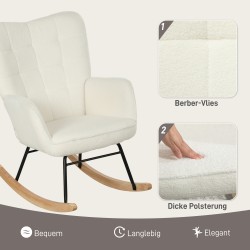 Keinutuoli käsinojilla ja puujalaksilla, ergonominen fleeceverhoiltu nojatuoli, valkoinen