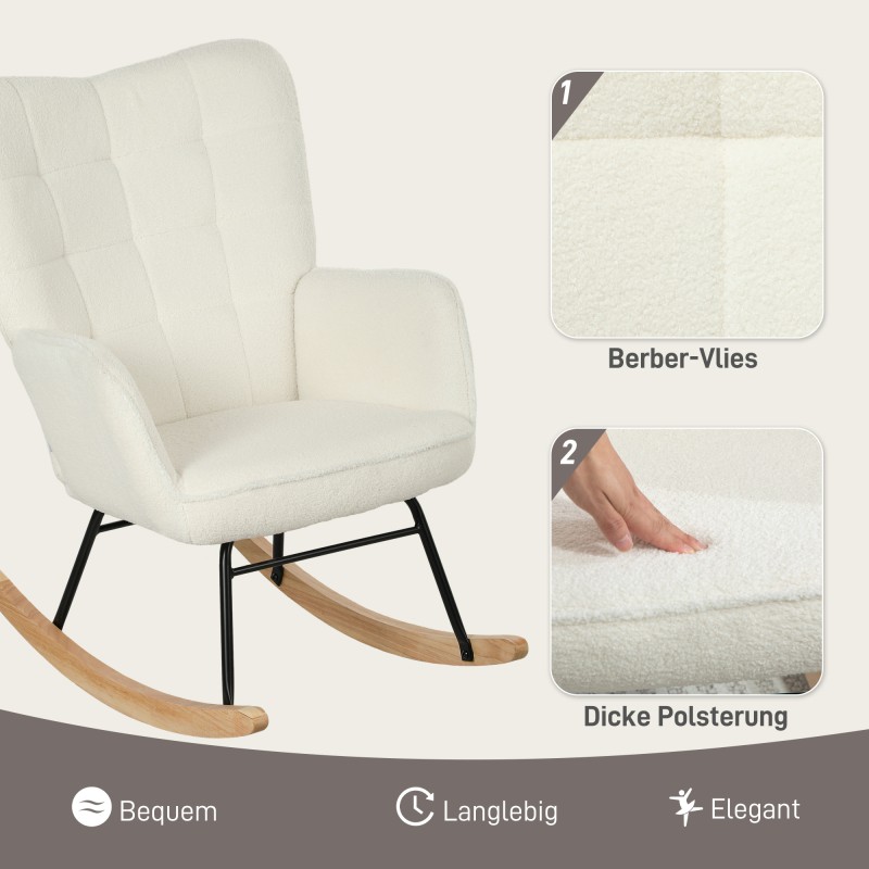 Keinutuoli käsinojilla ja puujalaksilla, ergonominen fleeceverhoiltu nojatuoli, valkoinen