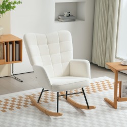 Keinutuoli käsinojilla ja puujalaksilla, ergonominen fleeceverhoiltu nojatuoli, valkoinen