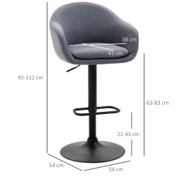 Säädettävä baarituoli selkänojalla ja jalkatuella, leinentyylinen kangas, 54x54x92–112 cm, tummanharmaa