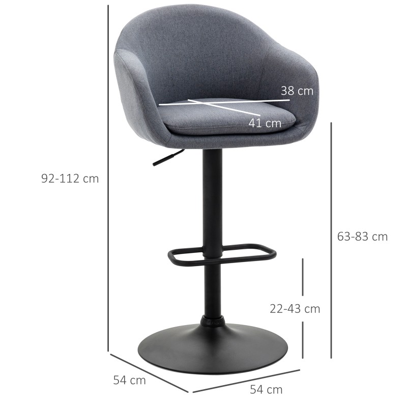 Säädettävä baarituoli selkänojalla ja jalkatuella, leinentyylinen kangas, 54x54x92–112 cm, tummanharmaa