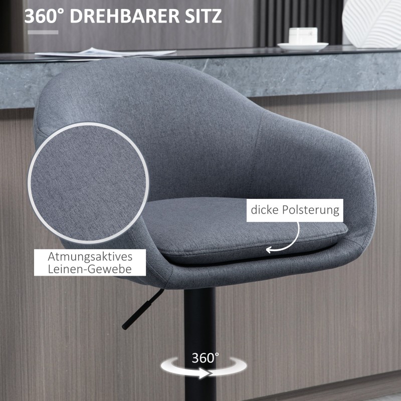 Säädettävä baarituoli selkänojalla ja jalkatuella, leinentyylinen kangas, 54x54x92–112 cm, tummanharmaa