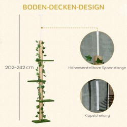 Kissan raapimapuu lattiasta kattoon, korkeussäädettävä 202–242 cm, juuttitolpat, vihreä/keltainen