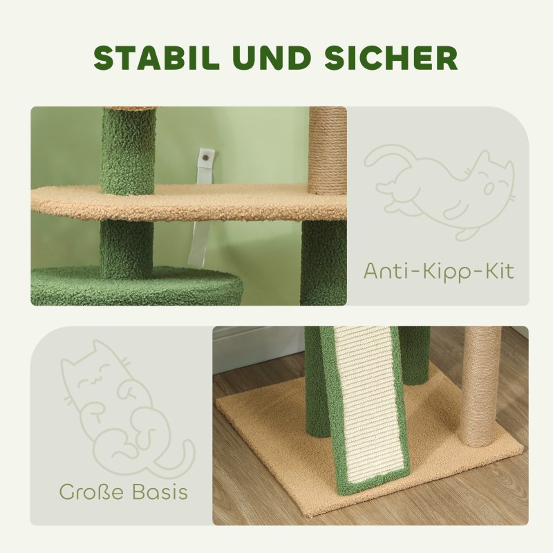 Kissan raapimispuu kahdelle kissalle 139 cm, pesä, tasot ja lelut, vihreä-ruskea