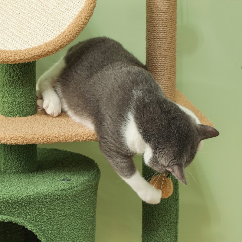 Kissan raapimispuu kahdelle kissalle 139 cm, pesä, tasot ja lelut, vihreä-ruskea