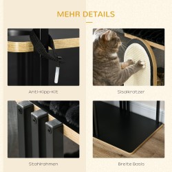 Kissatorni / raapimispuu kahdelle kissalle, teräsrunko ja sisal, 85 x 48 x 170 cm, musta