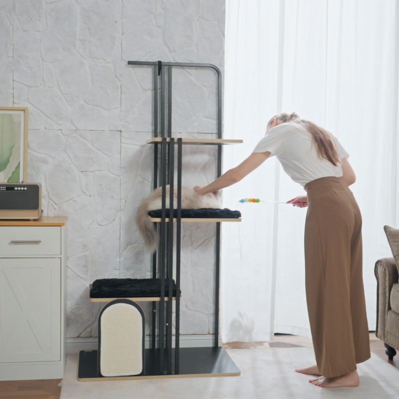 Kissatorni / raapimispuu kahdelle kissalle, teräsrunko ja sisal, 85 x 48 x 170 cm, musta
