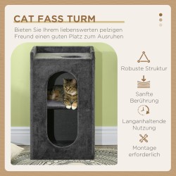 Kissan raapimistorni kahdella pesällä ja makuutasolla, sisal ja plyysi, 45x45x81 cm, harmaa luonnonsävy