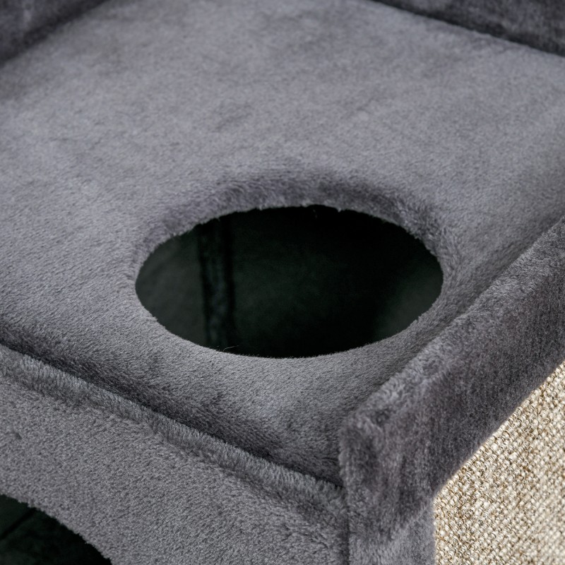 Kissan raapimistorni kahdella pesällä ja makuutasolla, sisal ja plyysi, 45x45x81 cm, harmaa luonnonsävy