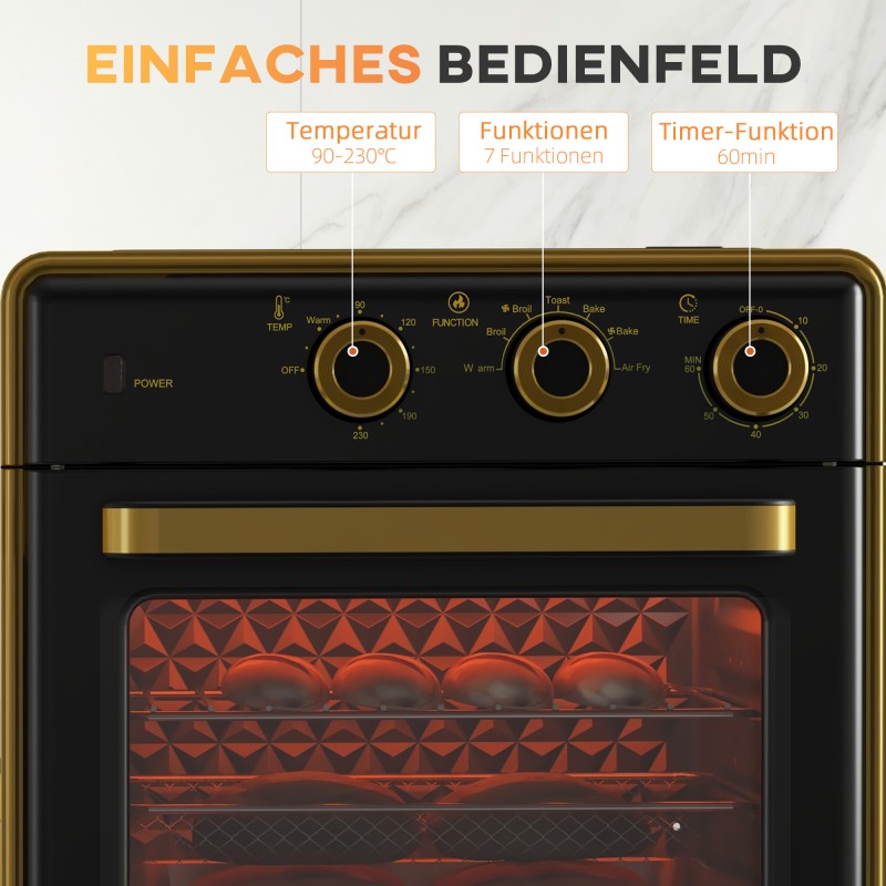 Miniuuni 20 L kiertoilma öljytön friteeraus grillaus leivonta 90–230 °C 1400 W musta/kulta