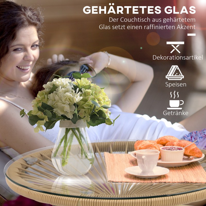 Puutarhapöytä boho-tyyliin ulkokäyttöön, PE-rottinki ja karkaistu lasi, 50 x 50 x 50 cm, beige