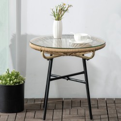 Puutarhapöytä boho-tyyliin ulkokäyttöön, PE-rottinki ja karkaistu lasi, 50 x 50 x 50 cm, beige