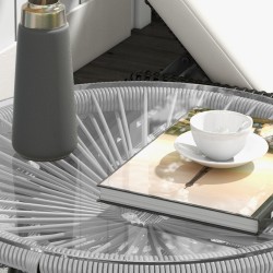 Ulkosivupöytä boho-tyyliin, PE-rottinki ja karkaistu lasi, 50 x 50 x 50 cm, harmaa