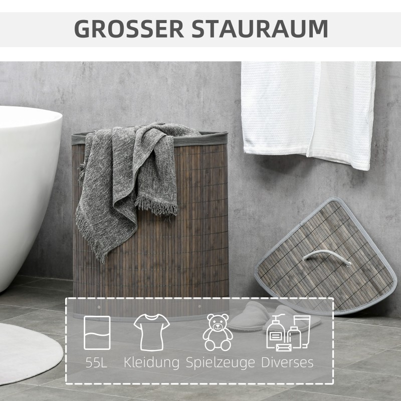 Pyykkikori kannella ja irrotettavalla sisäpussilla, bambu, 55 l, harmaa