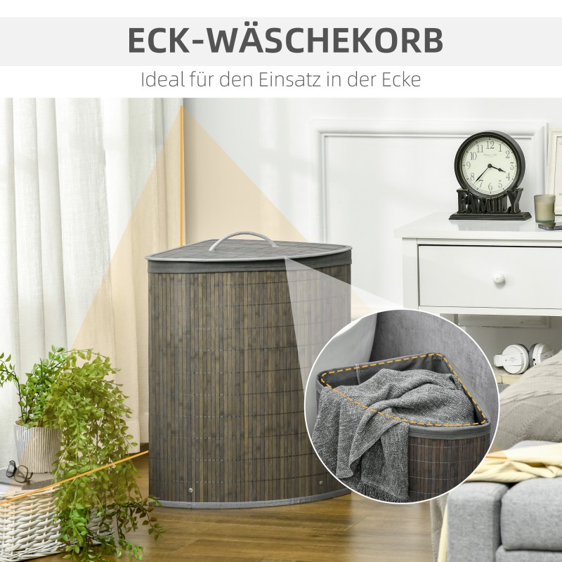 Pyykkikori kannella ja irrotettavalla sisäpussilla, bambu, 55 l, harmaa