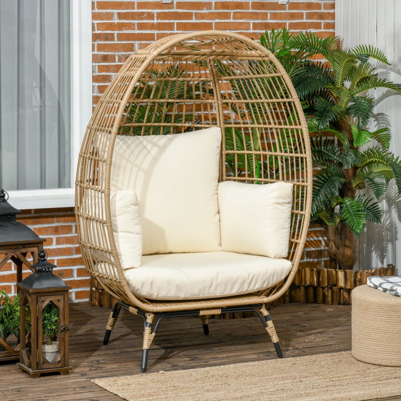 Korituoli ulkokäyttöön teräsrungolla ja pehmeillä tyynyillä, rattanlook, 105 x 90 x 148 cm, khaki/beige