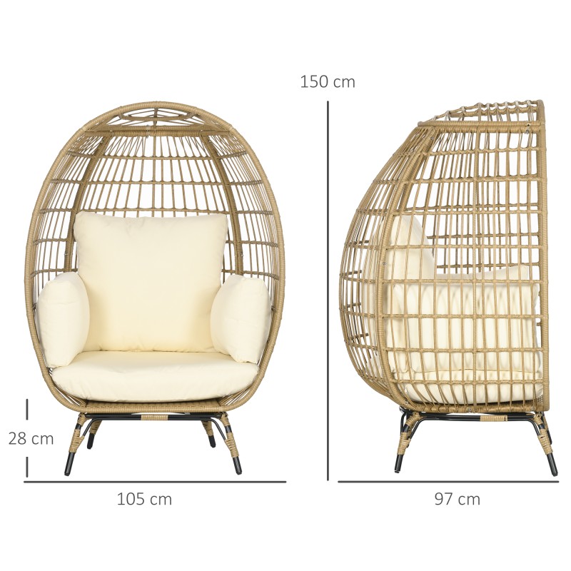 Korituoli ulkokäyttöön teräsrungolla ja pehmeillä tyynyillä, rattanlook, 105 x 90 x 148 cm, khaki/beige