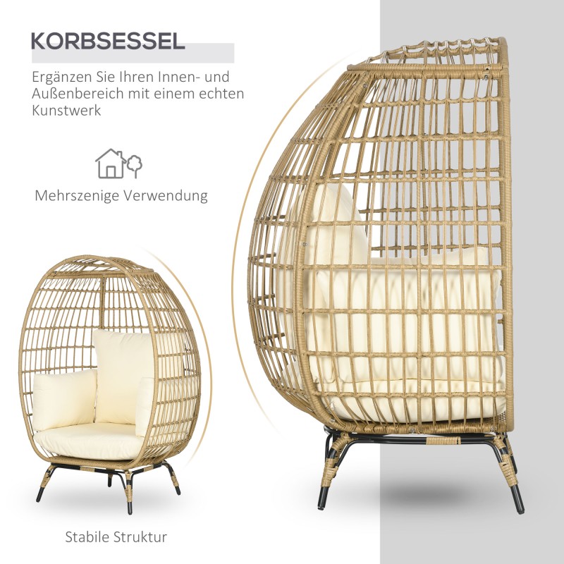 Korituoli ulkokäyttöön teräsrungolla ja pehmeillä tyynyillä, rattanlook, 105 x 90 x 148 cm, khaki/beige
