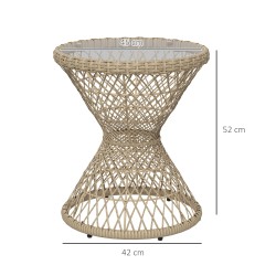 Boho sivupöytä ulkokäyttöön, teräs ja PE-rottinki, lasikansi, Ø45 x 52 cm, vaaleanruskea