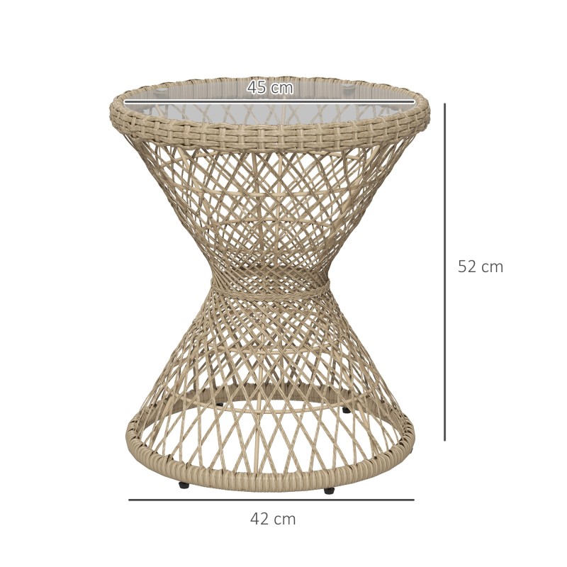 Boho sivupöytä ulkokäyttöön, teräs ja PE-rottinki, lasikansi, Ø45 x 52 cm, vaaleanruskea