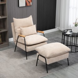 Nojatuoli ja rahi, säädettävä recliner, vakosametti, teräsrunko, 68 x 91,5 x 88 cm, beige