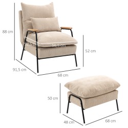 Nojatuoli ja rahi, säädettävä recliner, vakosametti, teräsrunko, 68 x 91,5 x 88 cm, beige